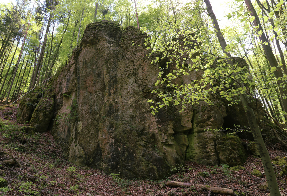 Die Schneiderei befindet sich etwa 40 Meter links der Scheibletten. Der Fels ist (etwas) weniger grün, als das Bild vermuten lässt.