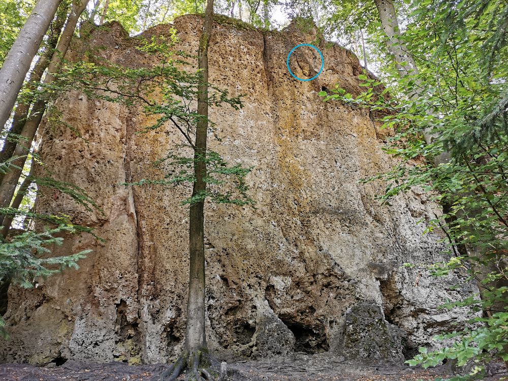 Der blaue Kreis zeigt die hohle, lose Schuppe im Ausstieg der beiden Routen