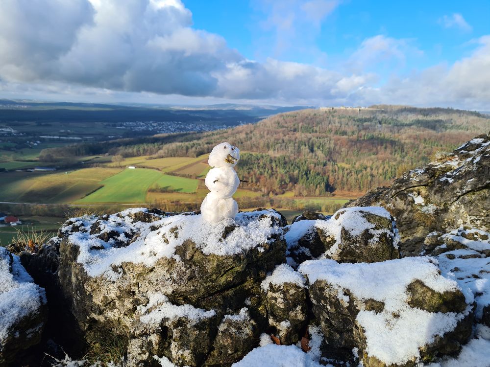 Ein Schneemann genießt die Aussicht vom Glatzenstein ins Nürnberger Land (Bild: Stefan Dietrich)
