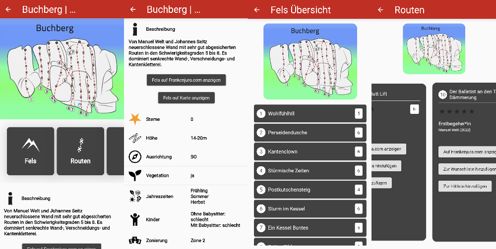 Fels- und Routenansichten am Buchberg, einem neuen Fels im Frankenjura