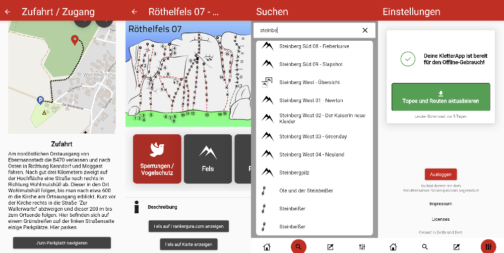 Zufahrts- und Zugangskarte, Felssperrungen, Suchergebnisse und die Download-Seite, damit die App im Flugmodus funkioniert