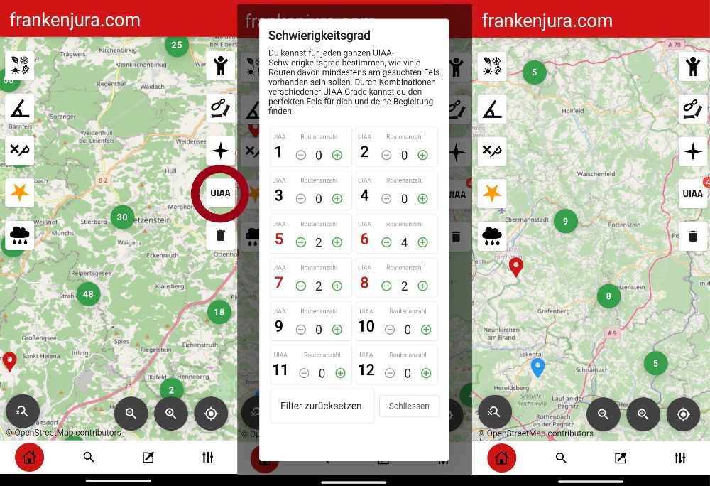 Links im Bild: Die Position des neuen Filter-Features auf dem App-Screen | Bildmitte: In der UIAA Suche sind wie im Text beschrieben vier Schwierigkeitsgrade ausgewählt | Rechts im Bild: Nach dem Schließen des Filterfensters sind auf der Karte deutlich weniger Felsen sichtbar, die rote Zahl ´4´ am UIAA-Icon erinnert an die vier ausgewählten und damit die Anzeige einschränkenden Schwierigkeitsgrade