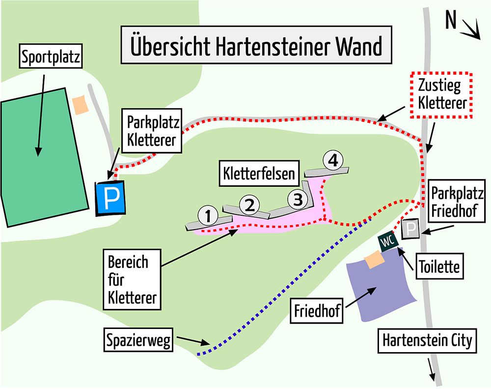 Lageskizze der Hartensteiner Wand mit allen relevanten Informationen: Parkplatz am Sportplatz, WC am Friedhof, Zustiegsweg und Areal für Kletterer