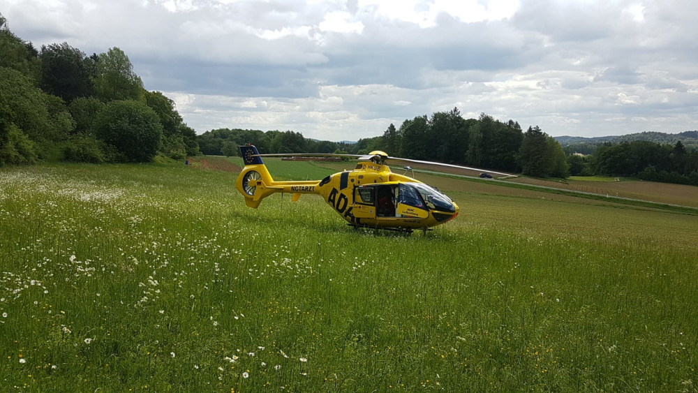 Der Rettungshubschrauber auf der Wiese unterhalb der Hohen Reute (Bild: Bergwacht Pottenstein)