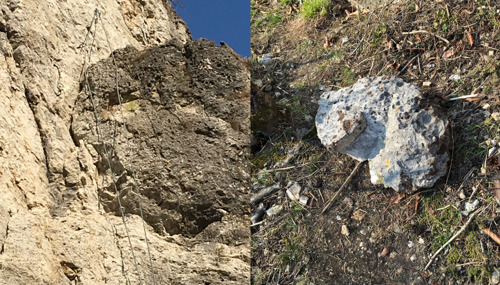 Ausbruch am Richard Wagner Fels: Der hellere Kreis im grauen Gestein (der rechte Seilstrang liegt exakt darüber) markiert die Ausbruchsstelle im linken Bild, im rechten Bild der ausgebrochene Block (Bilder: Roger Gösseringer)